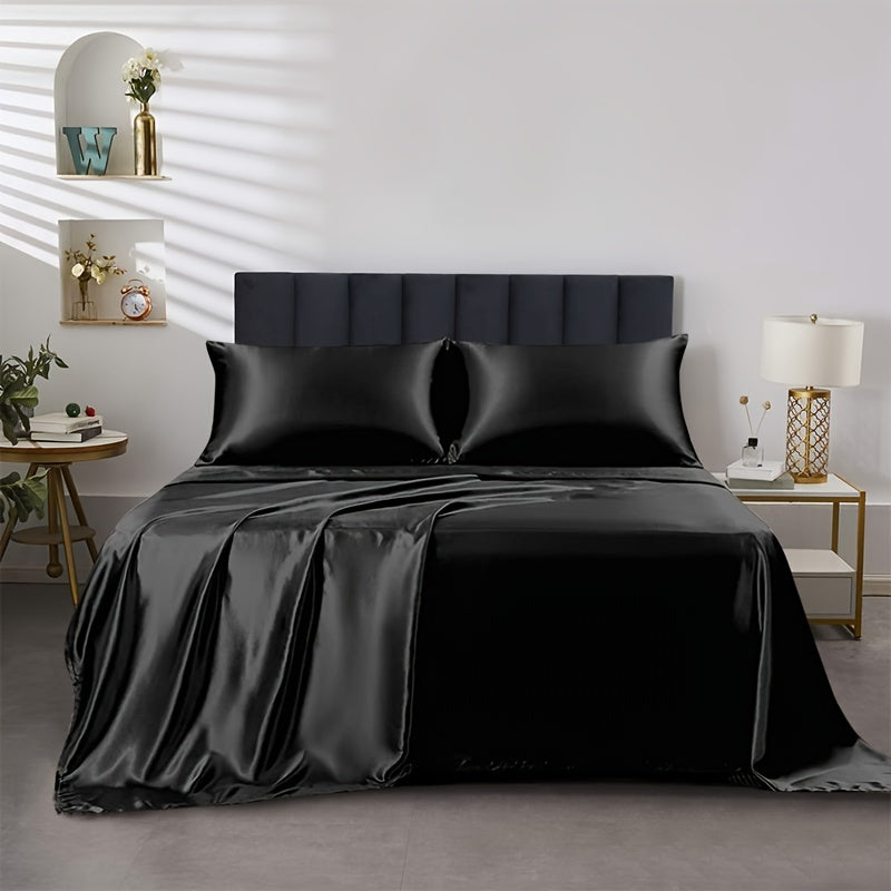 Parure de Lit Satin 4 Pièces – Drap Housse, Drap Plat & 2 Taies d’Oreiller