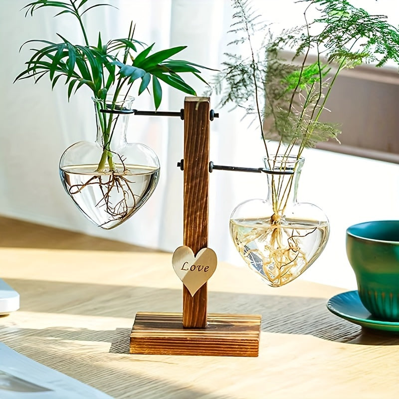 Vase en Verre Cœur avec Cadre Bois – Station de Plantes Hydroponique Moderne