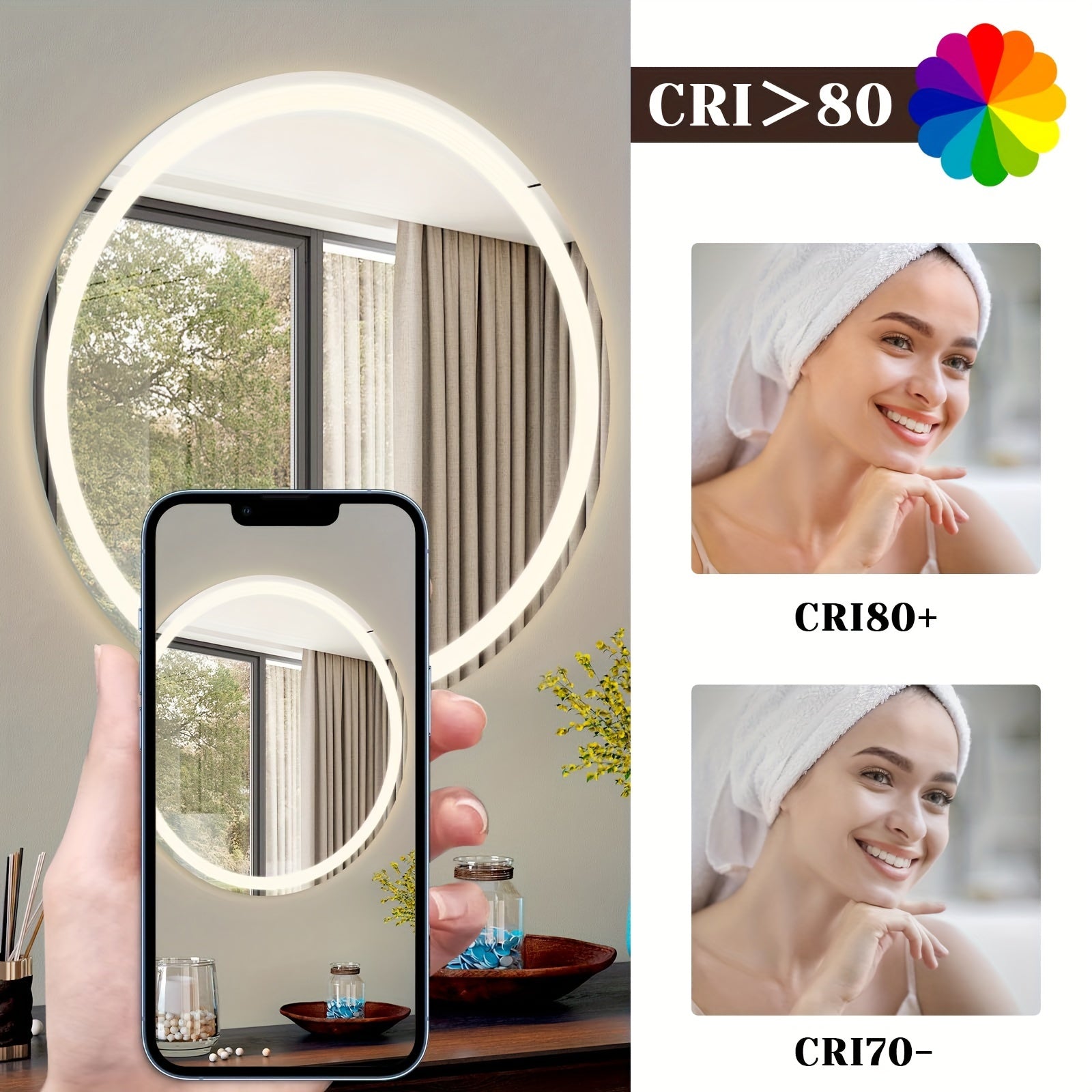 Miroir LED Moderne – Rond 50-80 cm avec Interrupteur Tactile, Anti-Buée