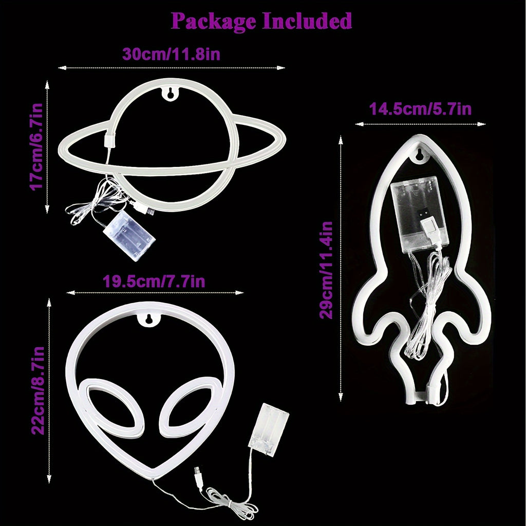 Set de 3 Panneau Néon LED - Thème Espace (Alien, Planète, Fusée)