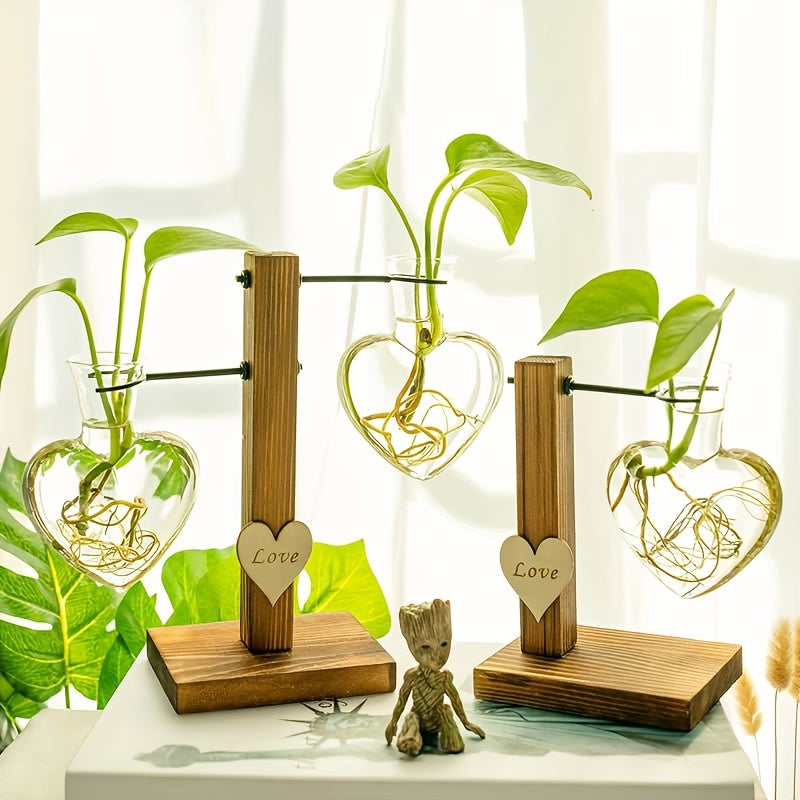 Vase en Verre Cœur avec Cadre Bois – Station de Plantes Hydroponique Moderne