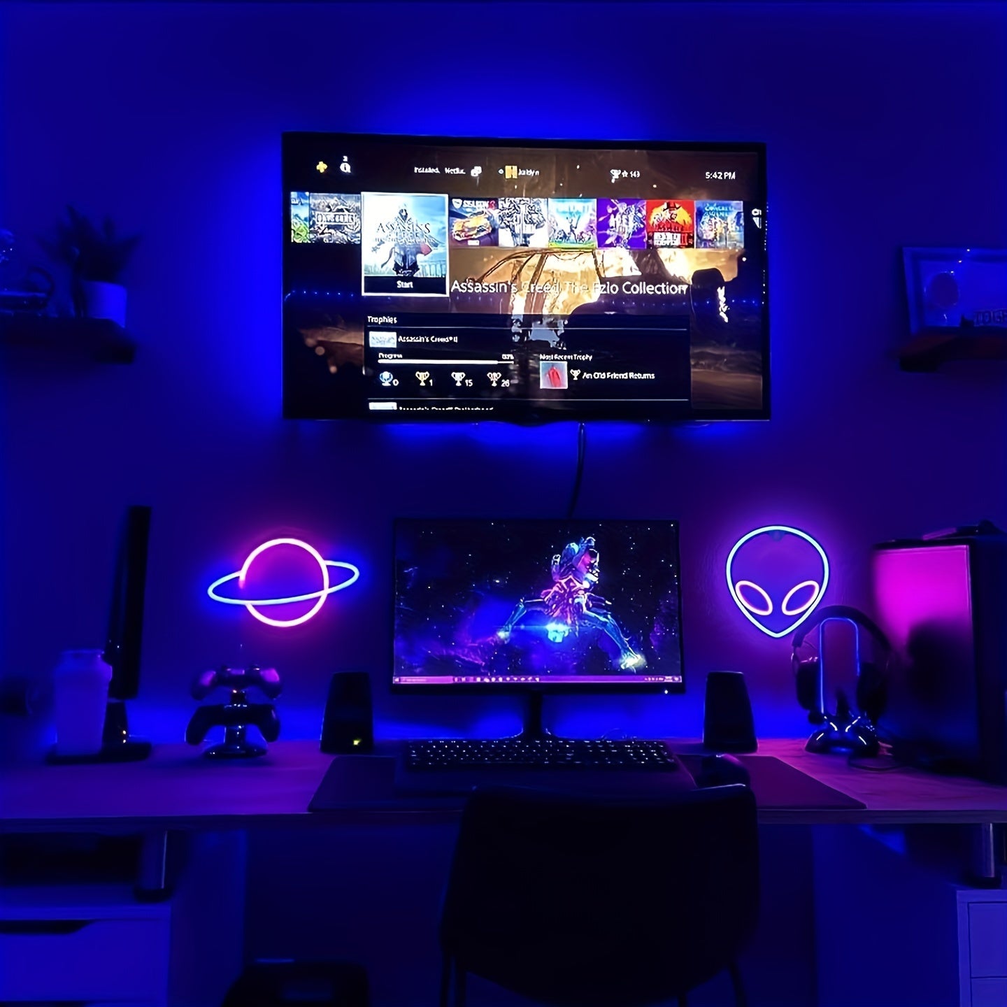 Set de 3 Panneau Néon LED - Thème Espace (Alien, Planète, Fusée)