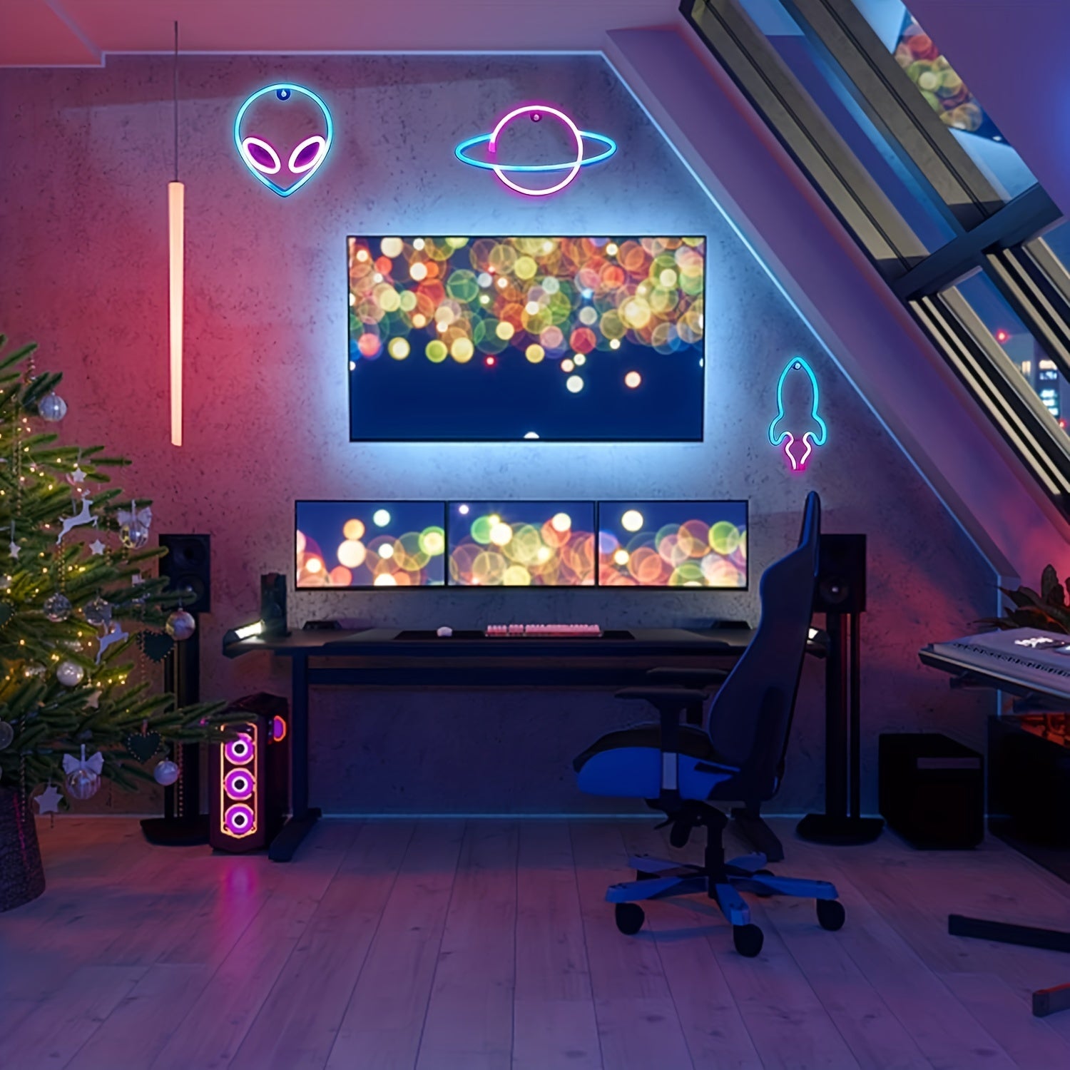 Set de 3 Panneau Néon LED - Thème Espace (Alien, Planète, Fusée)