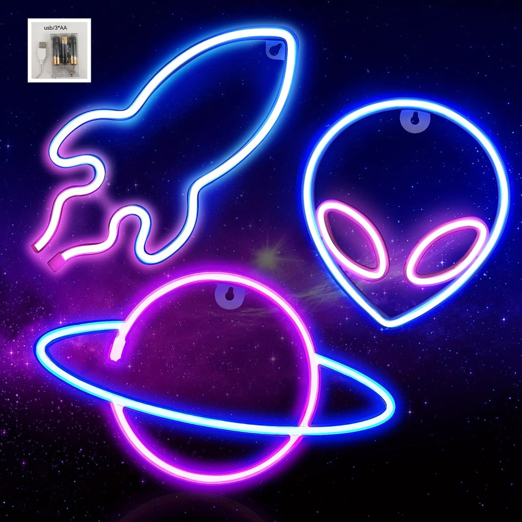 Set de 3 Panneau Néon LED - Thème Espace (Alien, Planète, Fusée)