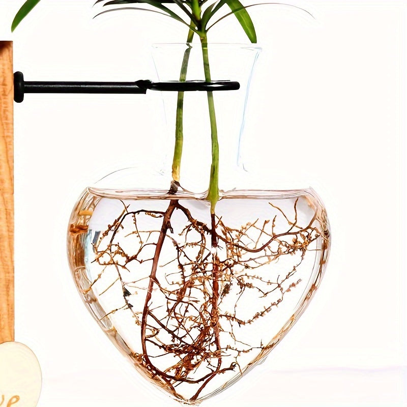 Vase en Verre Cœur avec Cadre Bois – Station de Plantes Hydroponique Moderne