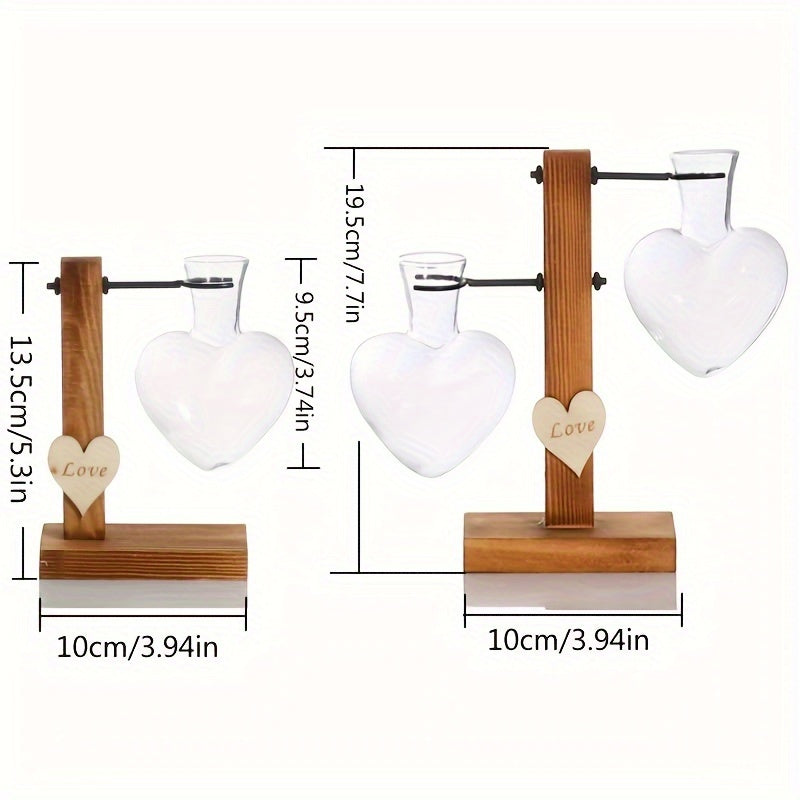 Vase en Verre Cœur avec Cadre Bois – Station de Plantes Hydroponique Moderne