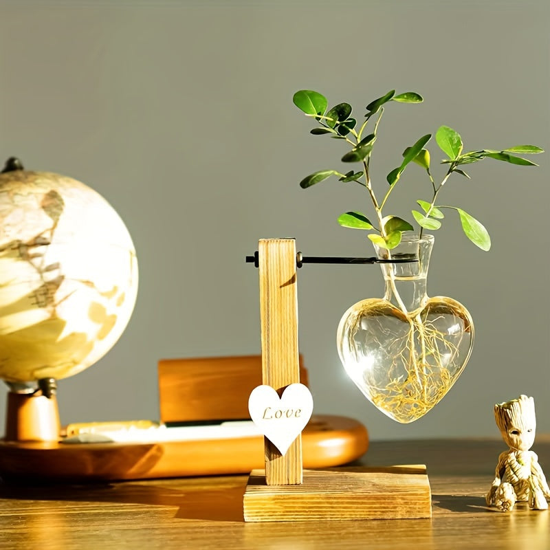 Vase en Verre Cœur avec Cadre Bois – Station de Plantes Hydroponique Moderne