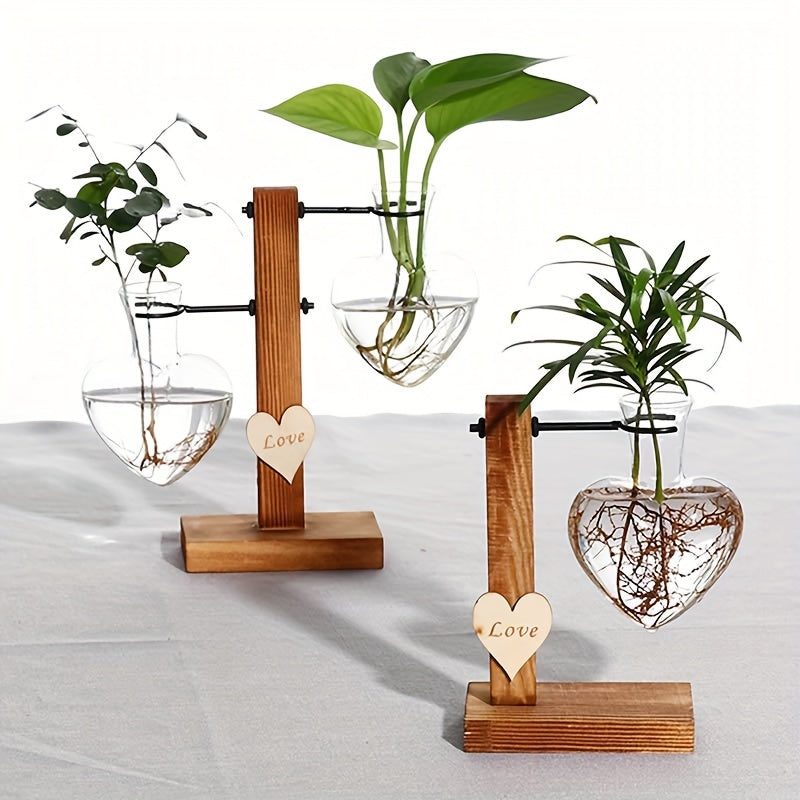 Vase en Verre Cœur avec Cadre Bois – Station de Plantes Hydroponique Moderne