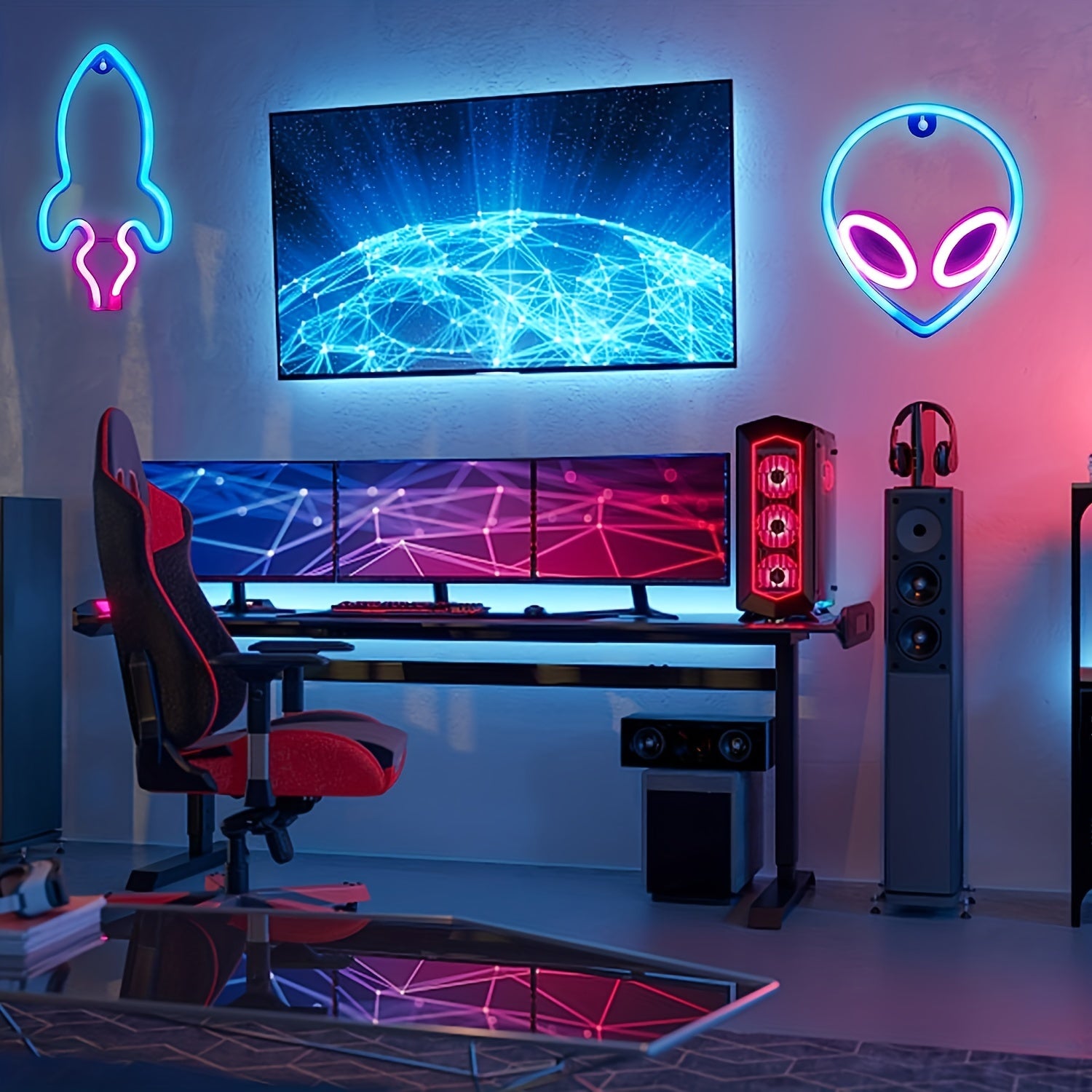 Set de 3 Panneau Néon LED - Thème Espace (Alien, Planète, Fusée)