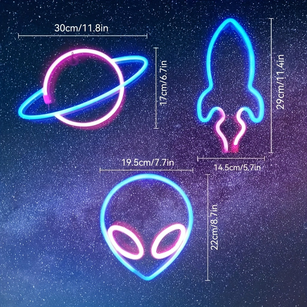 Set de 3 Panneau Néon LED - Thème Espace (Alien, Planète, Fusée)