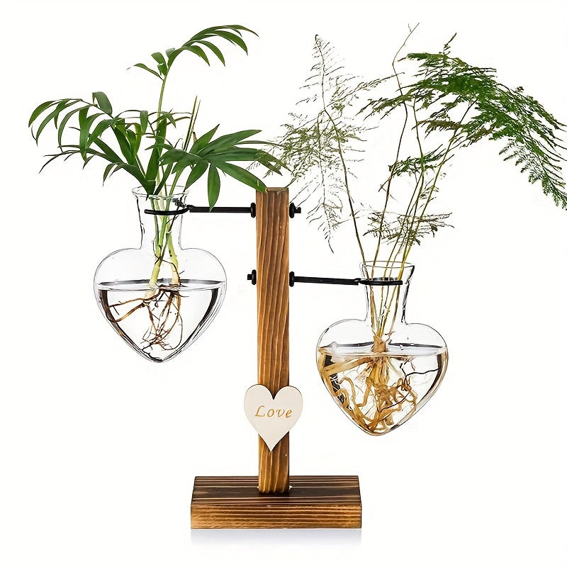 Vase en Verre Cœur avec Cadre Bois – Station de Plantes Hydroponique Moderne