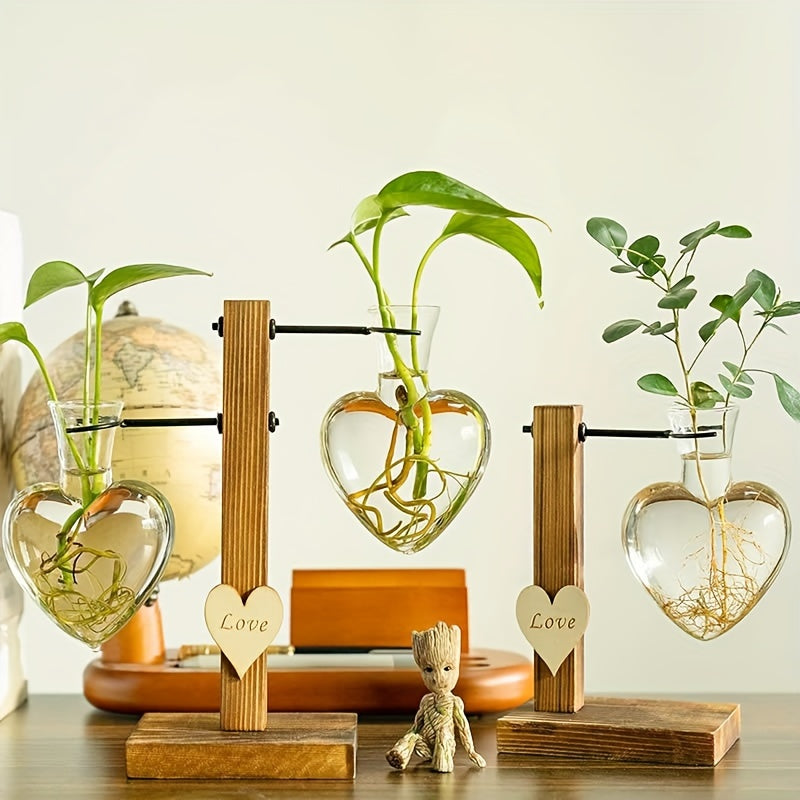 Vase en Verre Cœur avec Cadre Bois – Station de Plantes Hydroponique Moderne