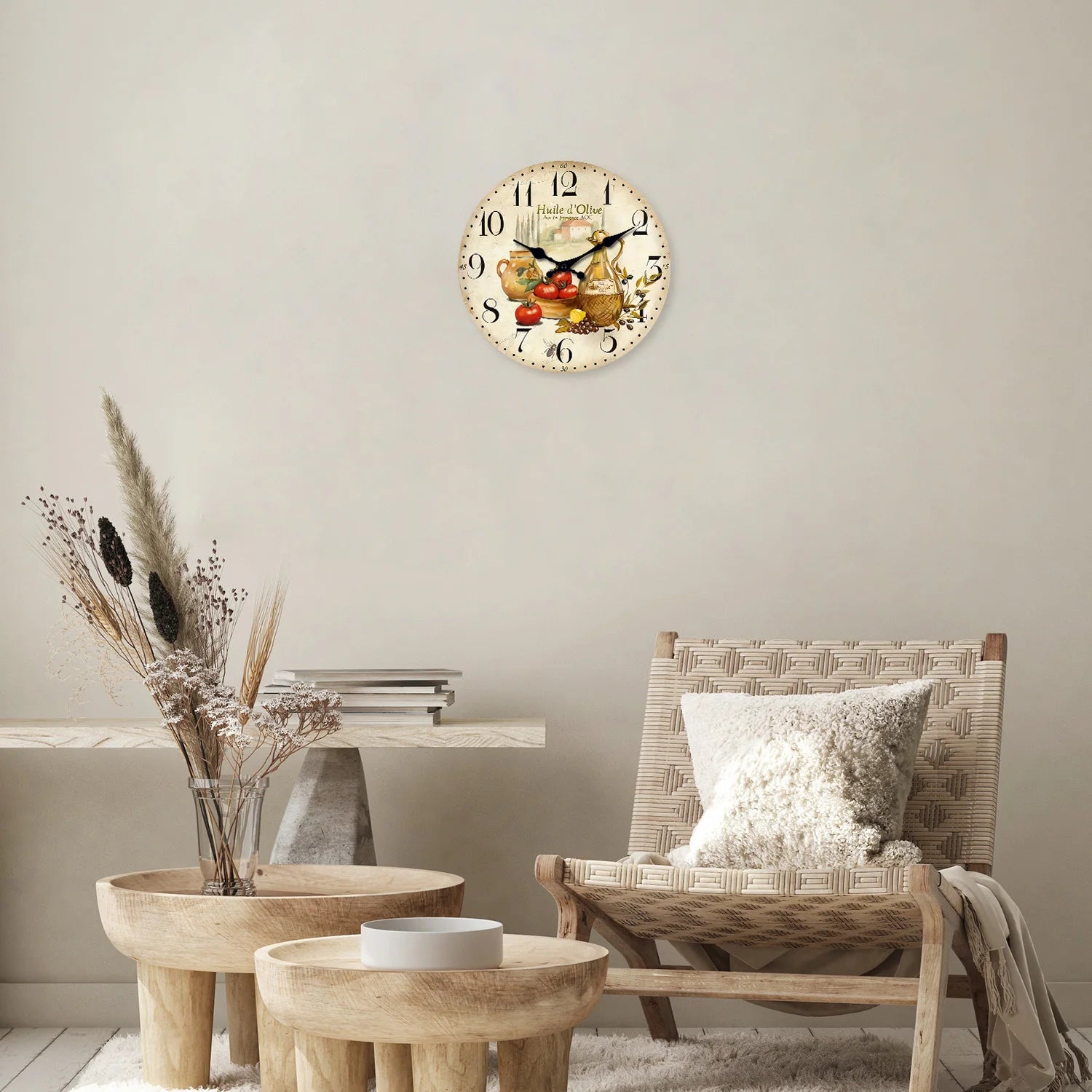 Horloge Murale en Bois Rétro – Motif Olive et Tomate Provence
