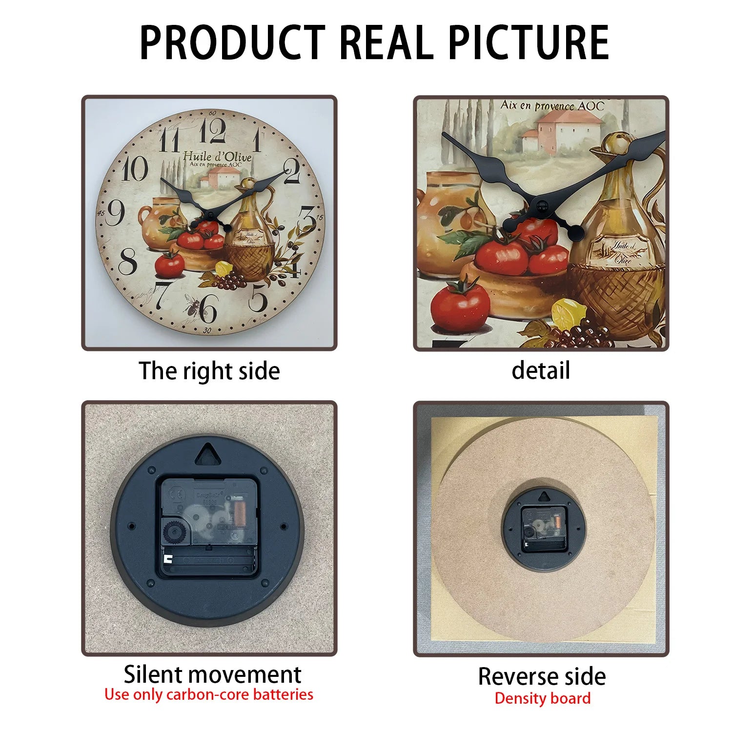 Horloge Murale en Bois Rétro – Motif Olive et Tomate Provence