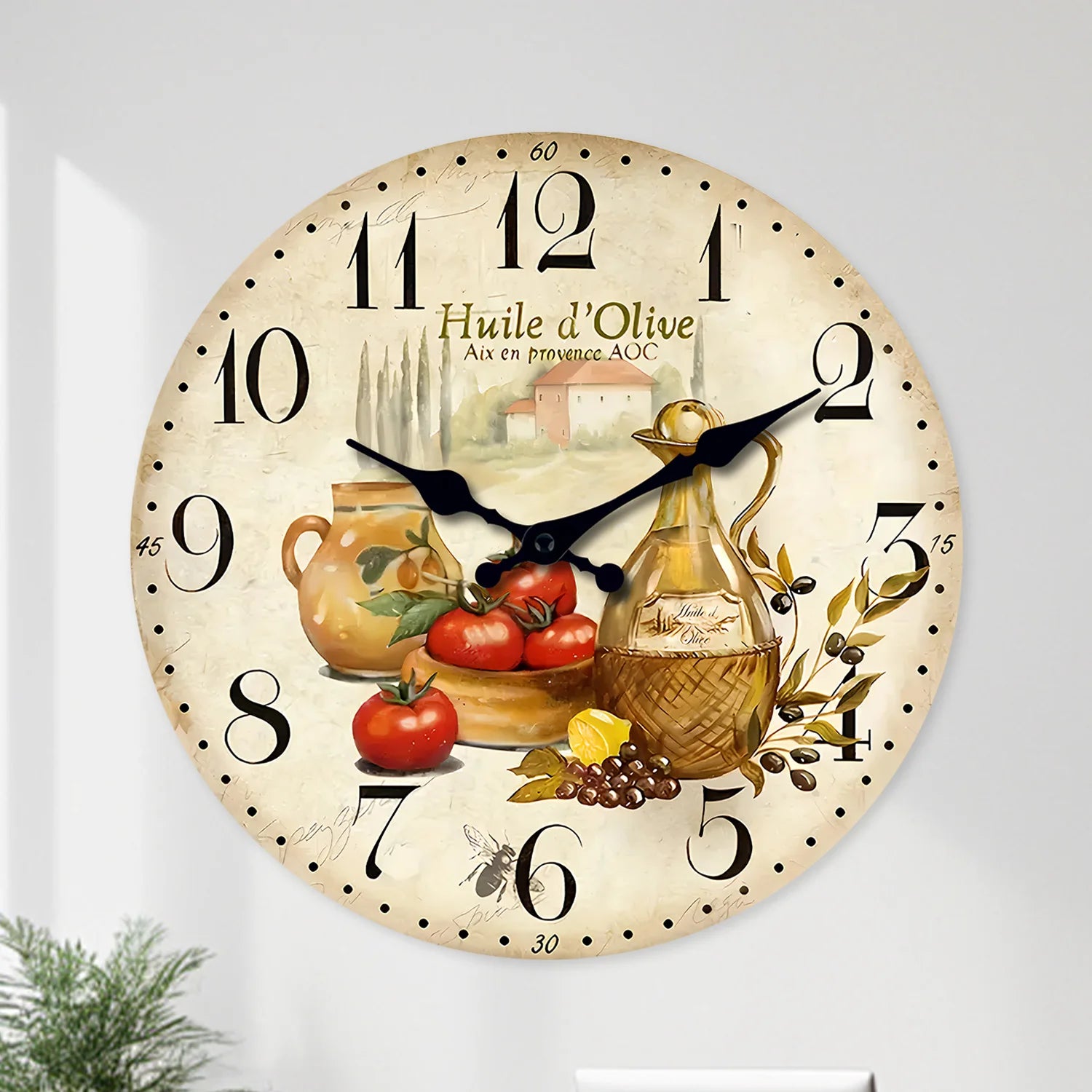 Horloge Murale en Bois Rétro – Motif Olive et Tomate Provence