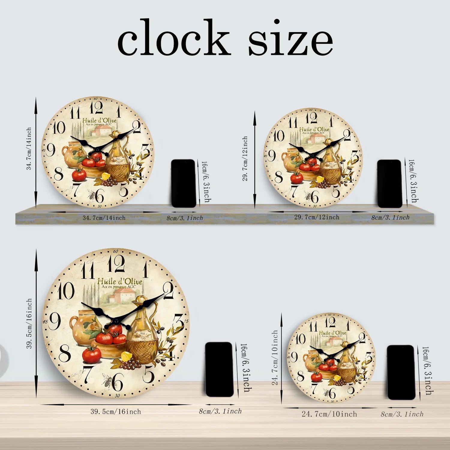 Horloge Murale en Bois Rétro – Motif Olive et Tomate Provence