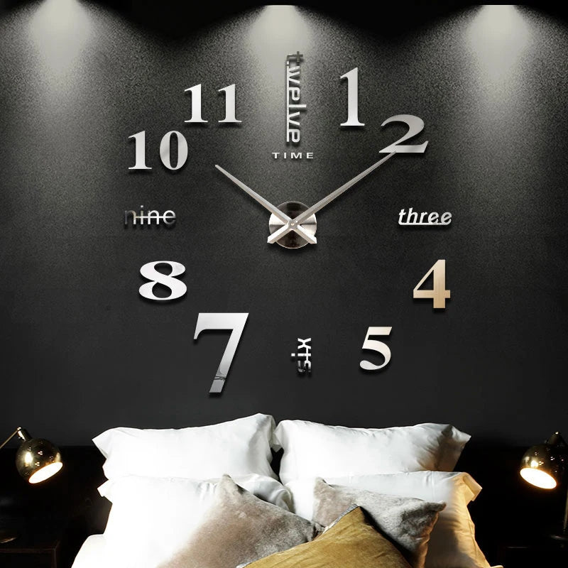 Horloge Murale 3D Grand Format – Sticker Miroir DIY