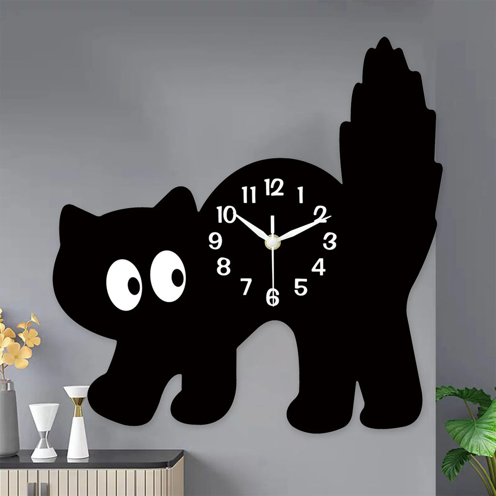 Horloge Murale – Petit Chat Noir en Porcelaine et Bois