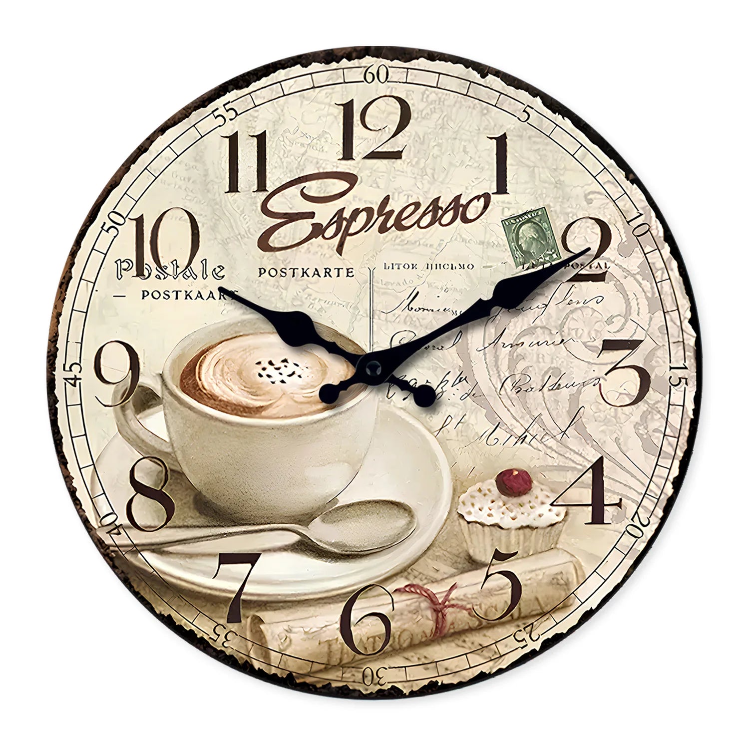 Horloge Murale en Bois Rétro – Motif Tasse de Café Européenne