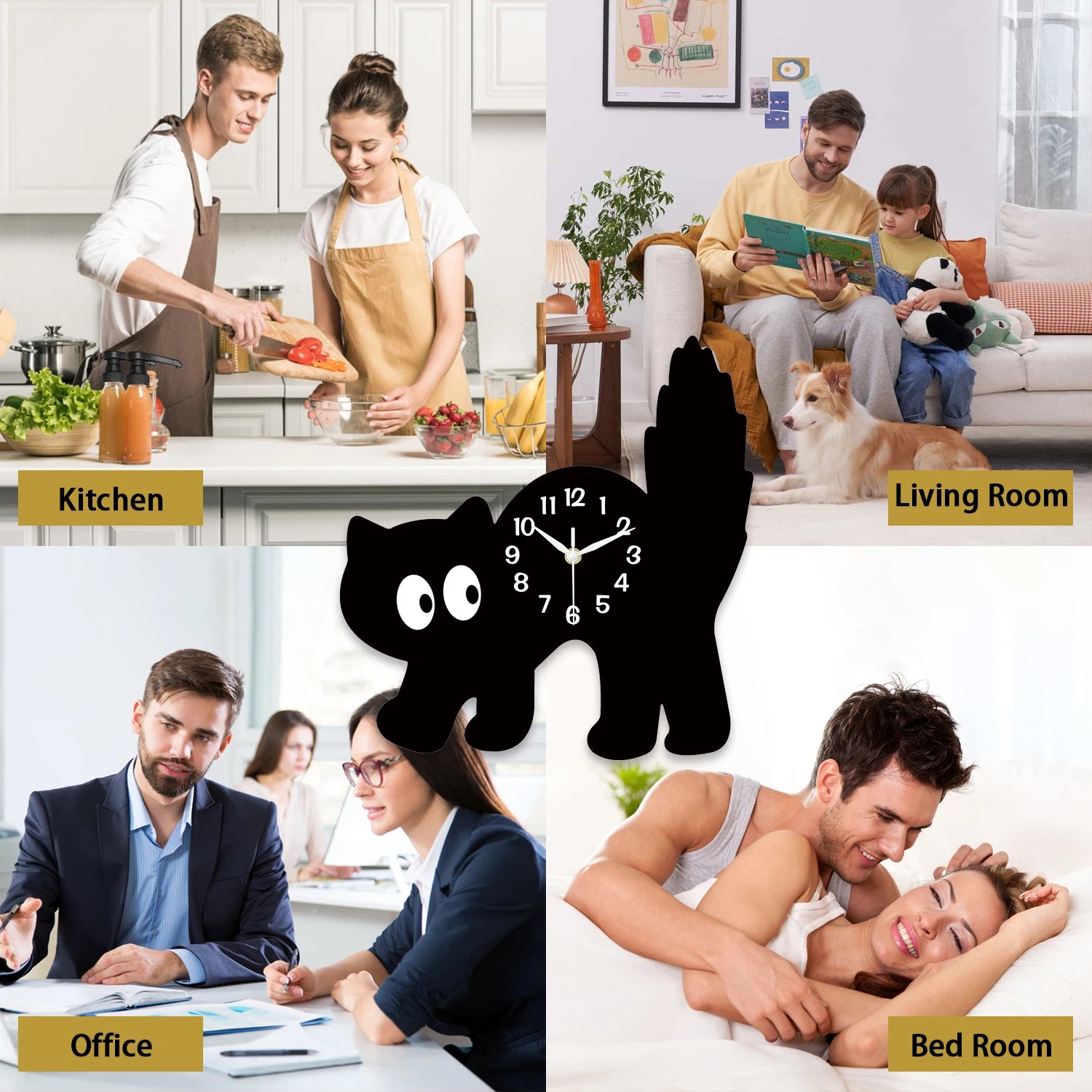 Horloge Murale – Petit Chat Noir en Porcelaine et Bois