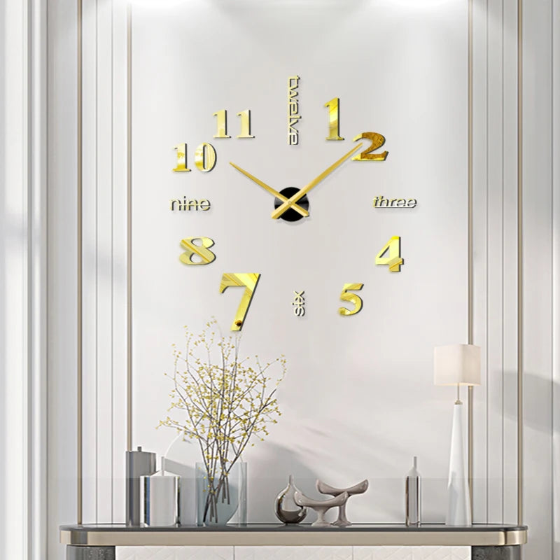 Horloge Murale 3D Grand Format – Sticker Miroir DIY