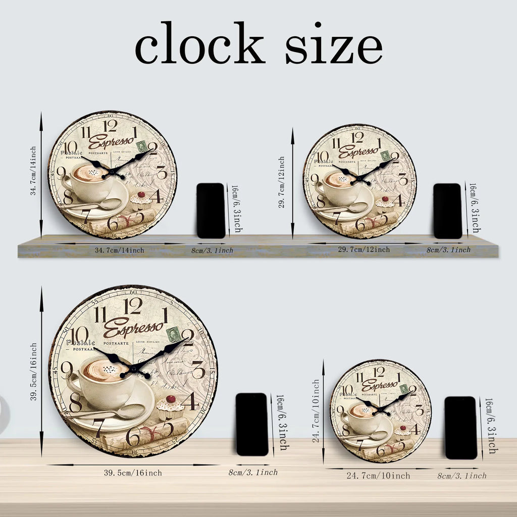 Horloge Murale en Bois Rétro – Motif Tasse de Café Européenne