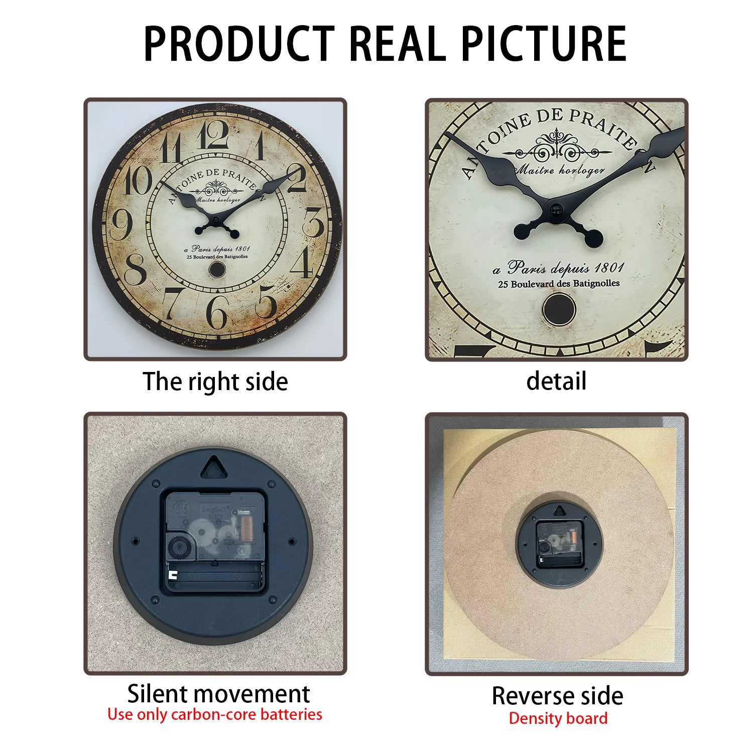 Horloge Murale en Bois Rétro – Motif “Antoine DE PRAITEON à Paris 1801”