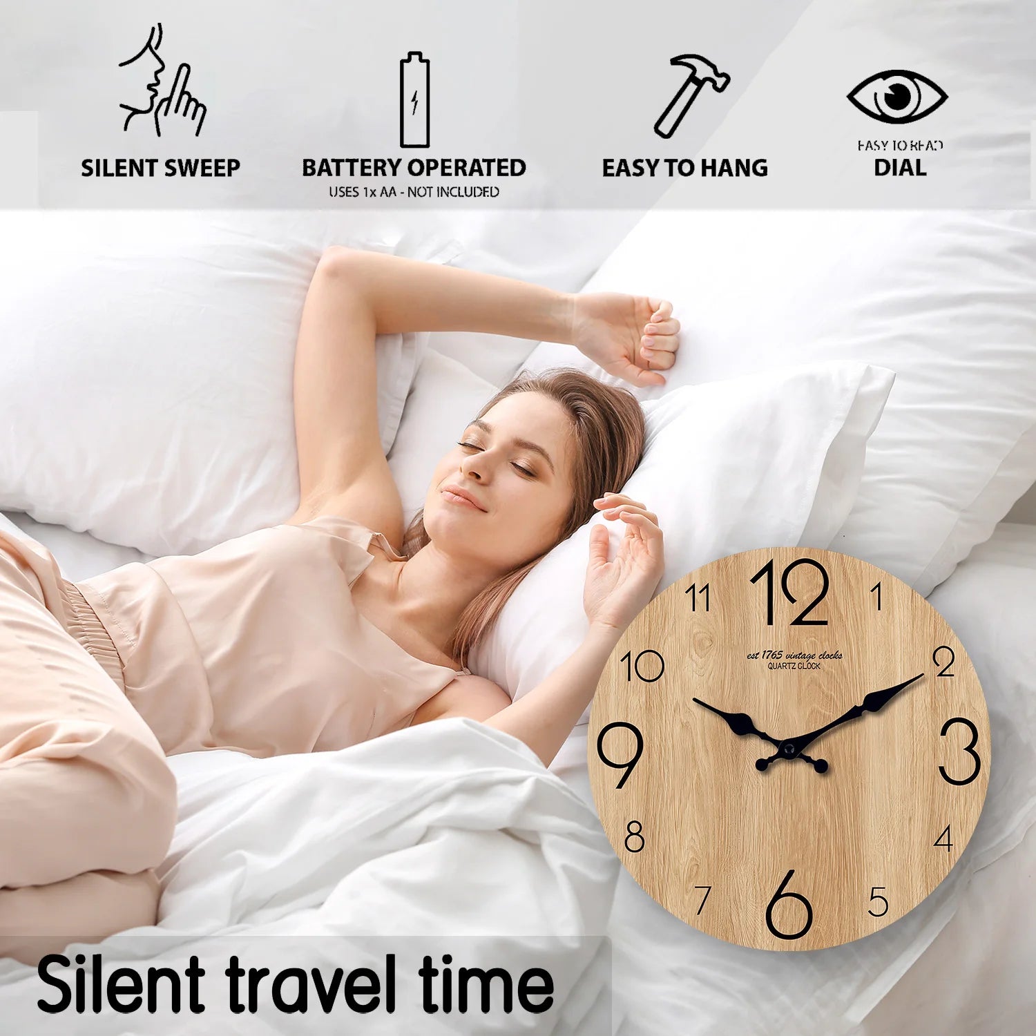 Horloge Murale en Bois Imitation Moderne – Motif Grain de Bois, Silencieuse Quartz