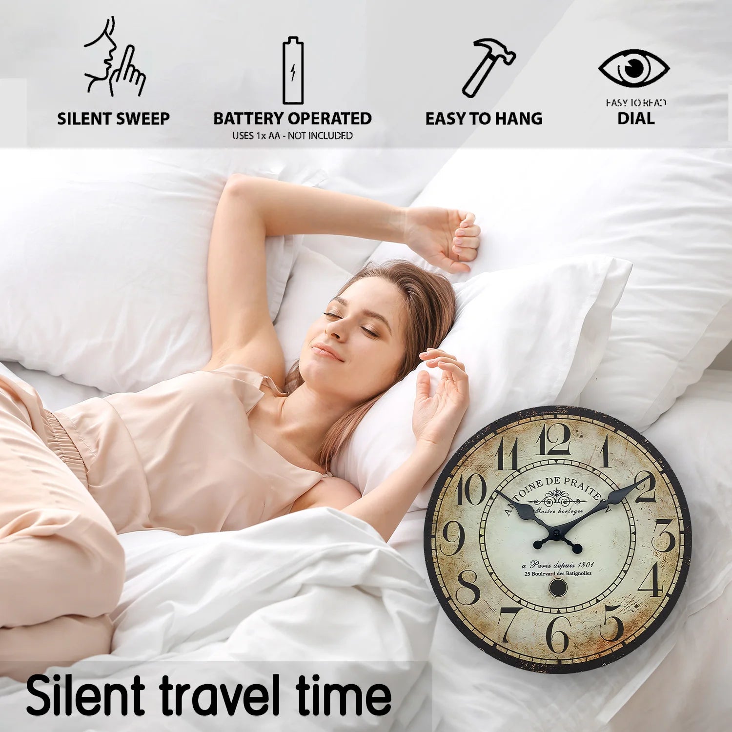 Horloge Murale en Bois Rétro – Motif “Antoine DE PRAITEON à Paris 1801”