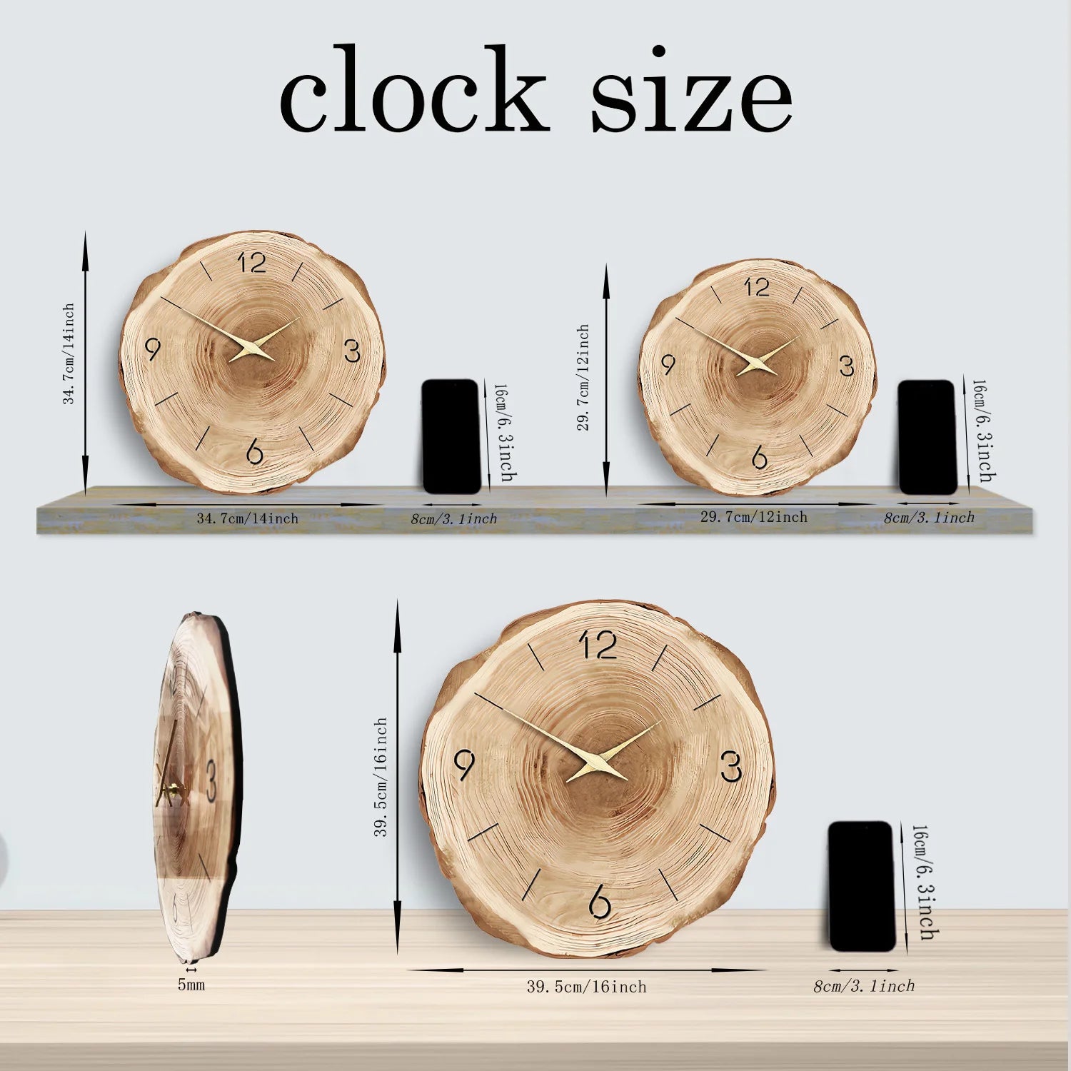 Horloge Murale en Bois – Anneau Unique, Motif Bois Naturel