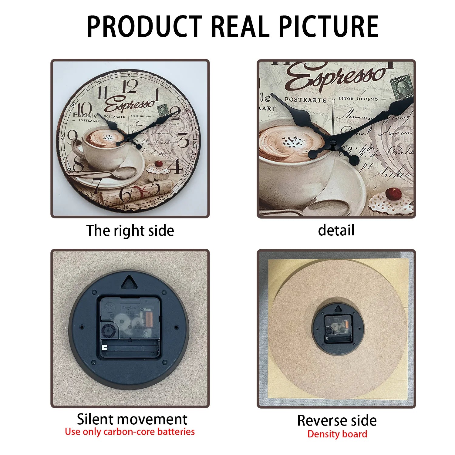 Horloge Murale en Bois Rétro – Motif Tasse de Café Européenne