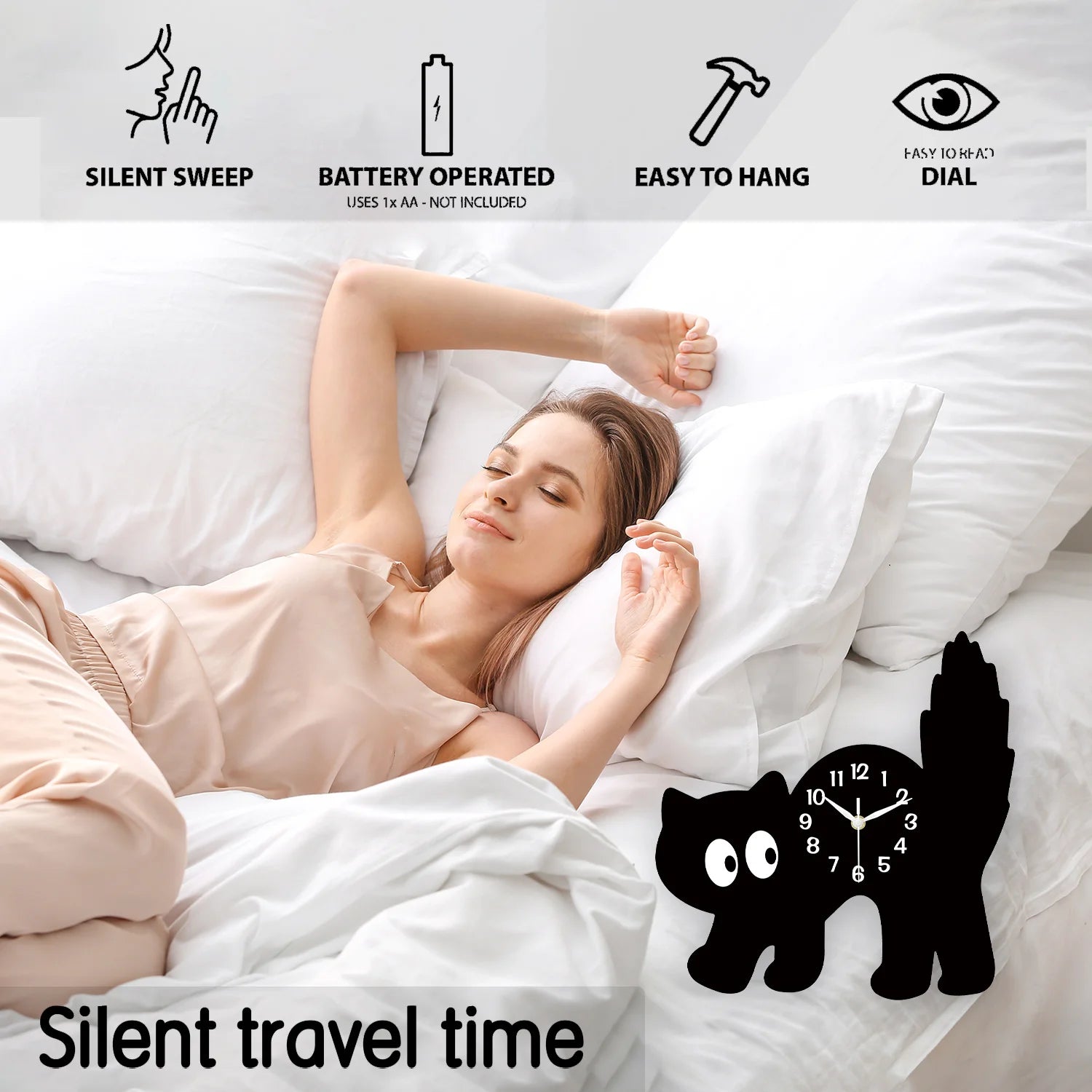 Horloge Murale – Petit Chat Noir en Porcelaine et Bois