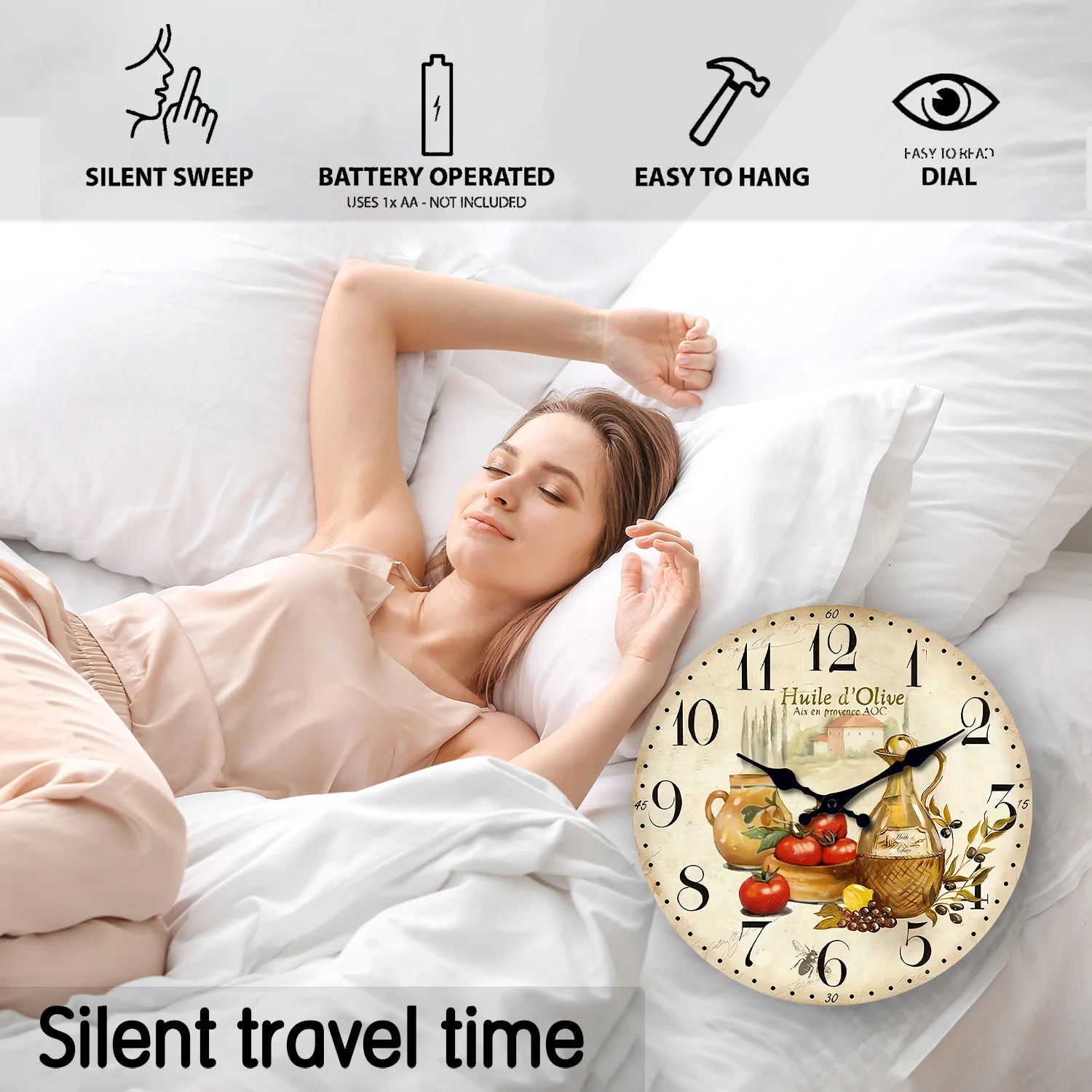 Horloge Murale en Bois Rétro – Motif Olive et Tomate Provence