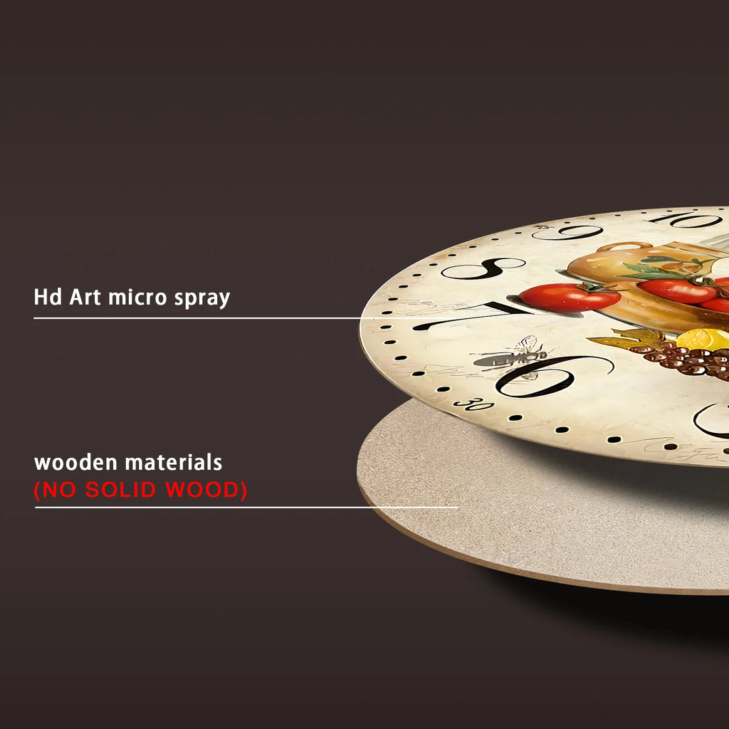 Horloge Murale en Bois Rétro – Motif Olive et Tomate Provence