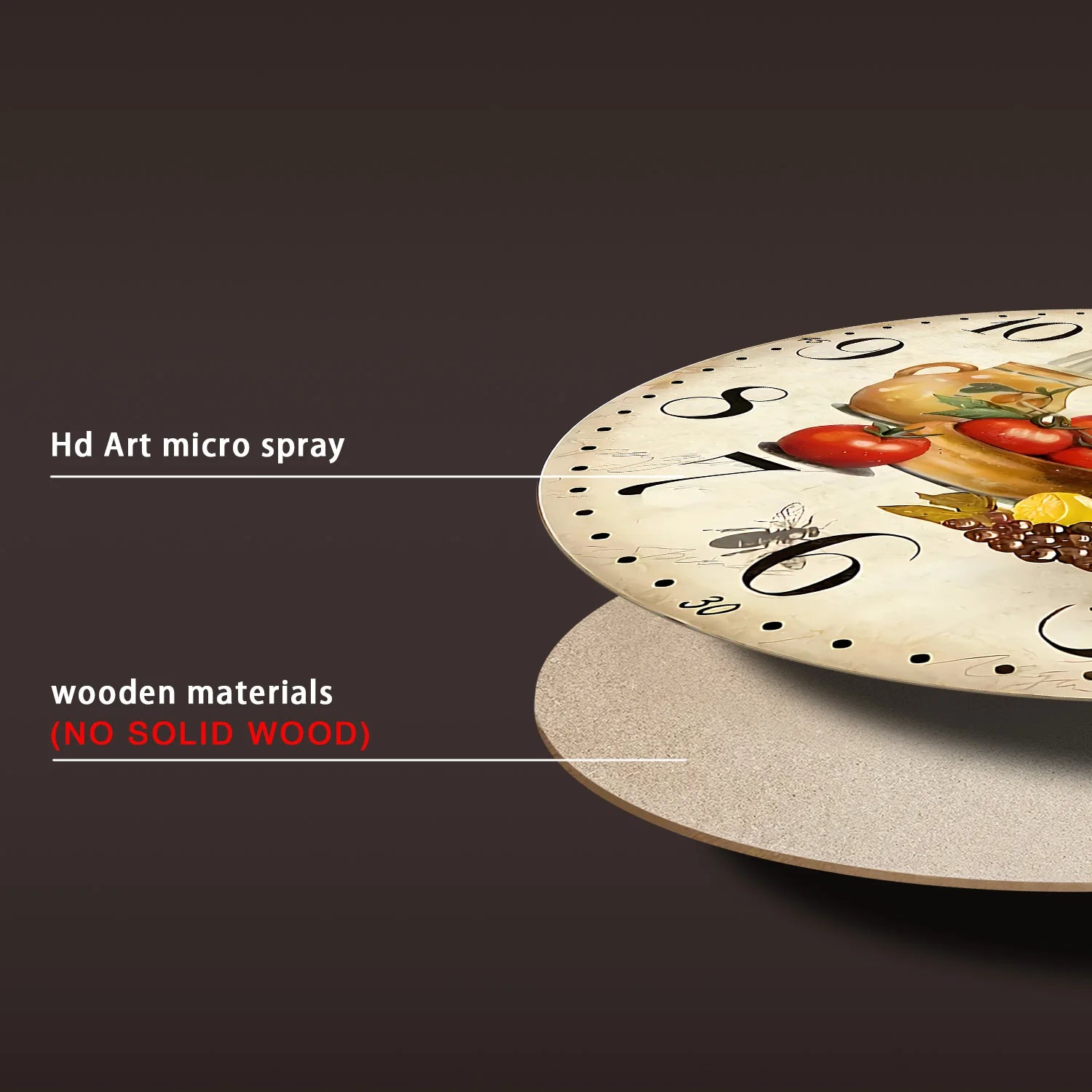 Horloge Murale en Bois Rétro – Motif Olive et Tomate Provence