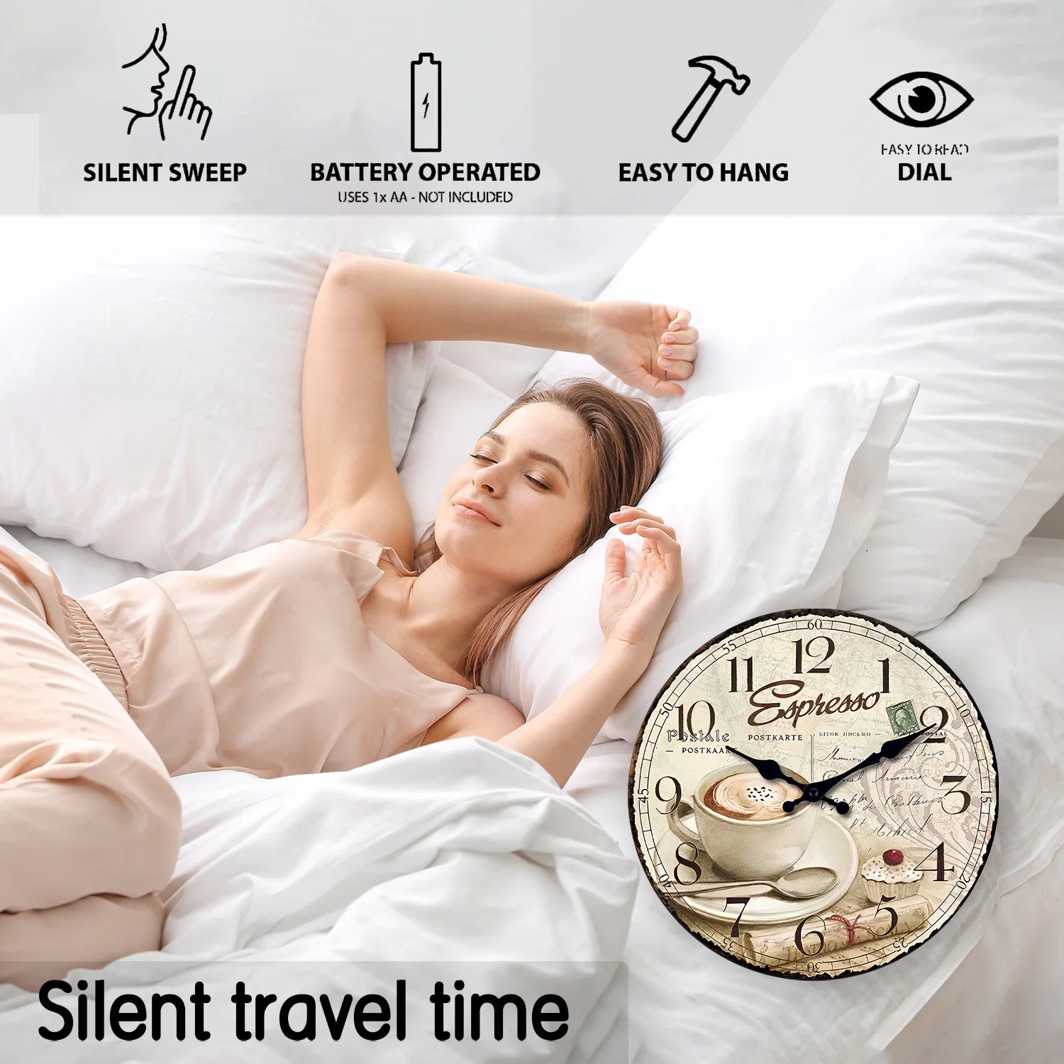 Horloge Murale en Bois Rétro – Motif Tasse de Café Européenne