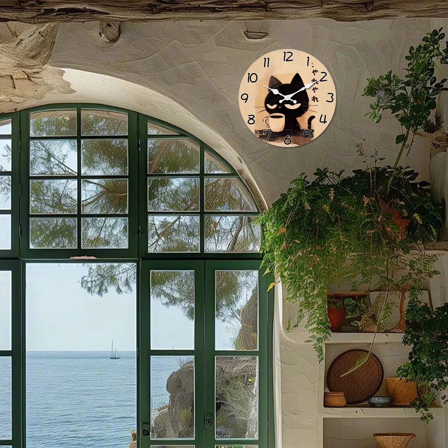 Horloge Murale Silencieuse en Bois et Bambou - Chat