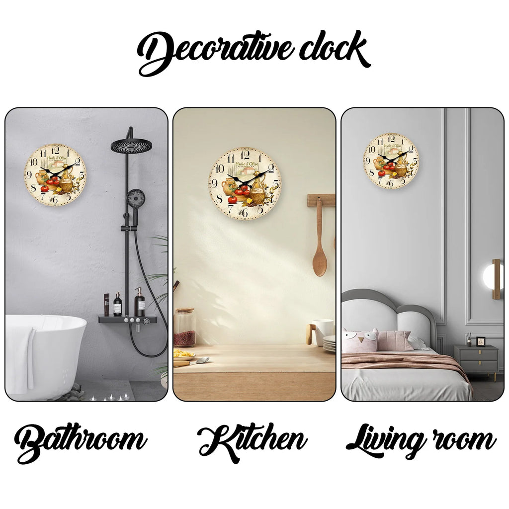 Horloge Murale en Bois Rétro – Motif Olive et Tomate Provence