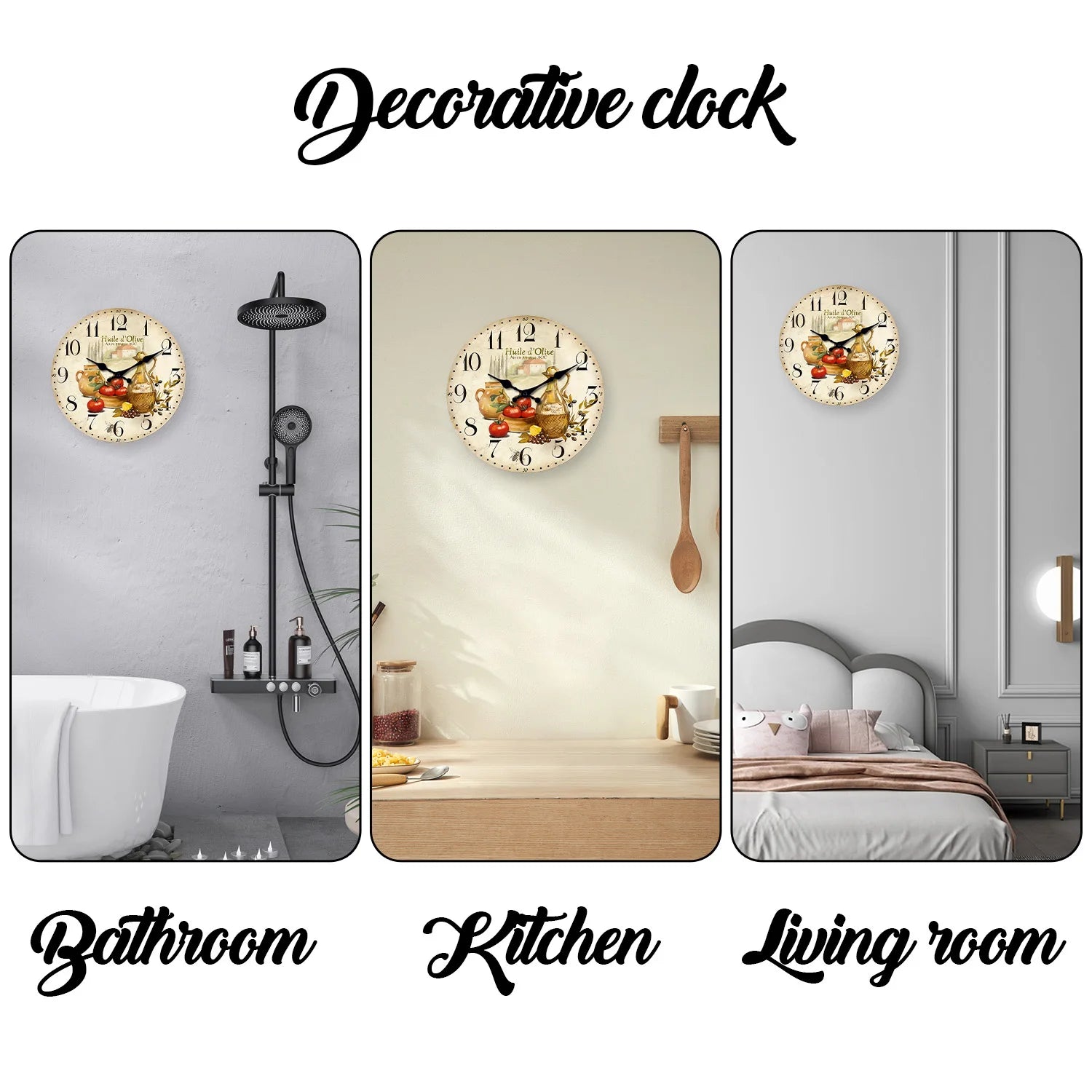 Horloge Murale en Bois Rétro – Motif Olive et Tomate Provence