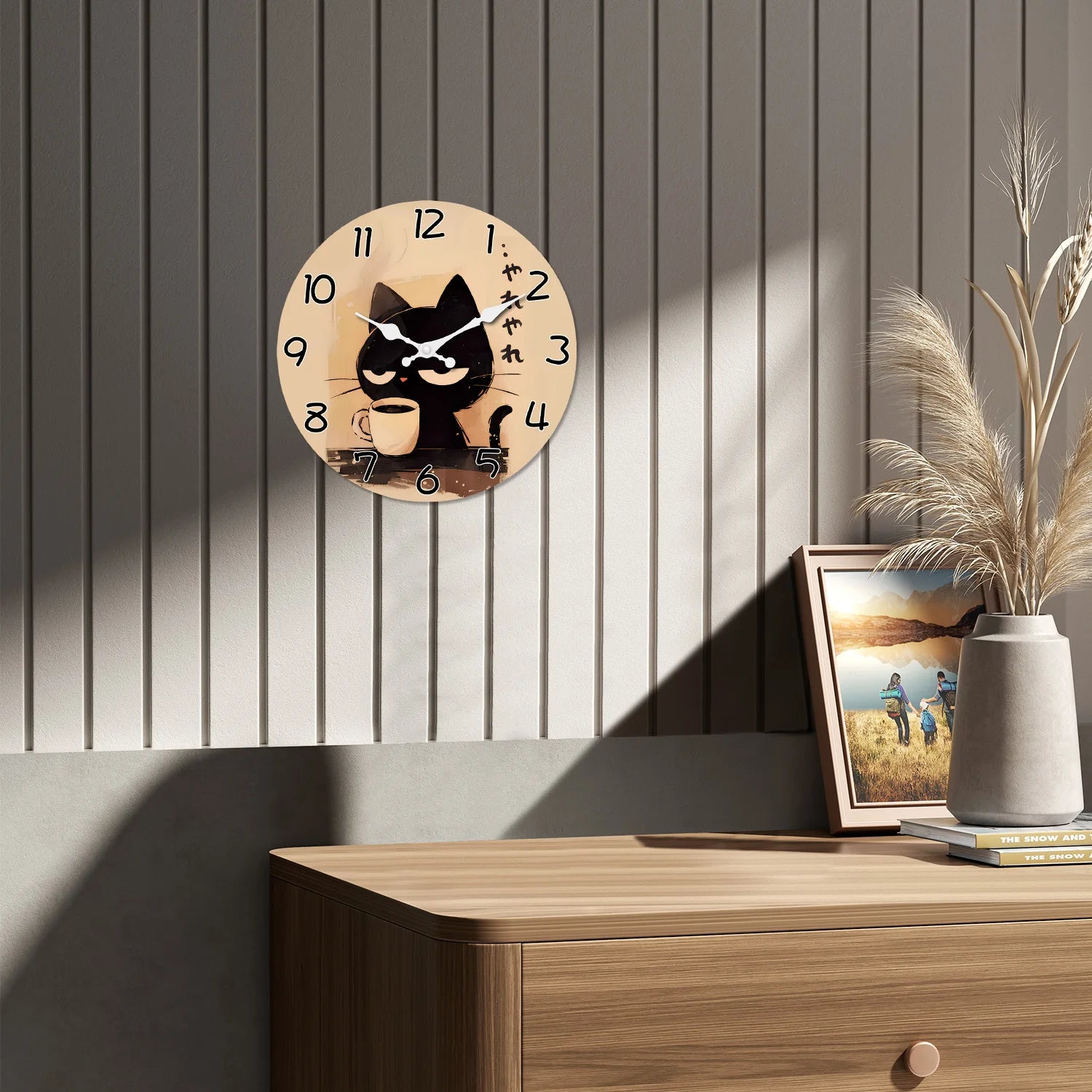 Horloge Murale Silencieuse en Bois et Bambou - Chat