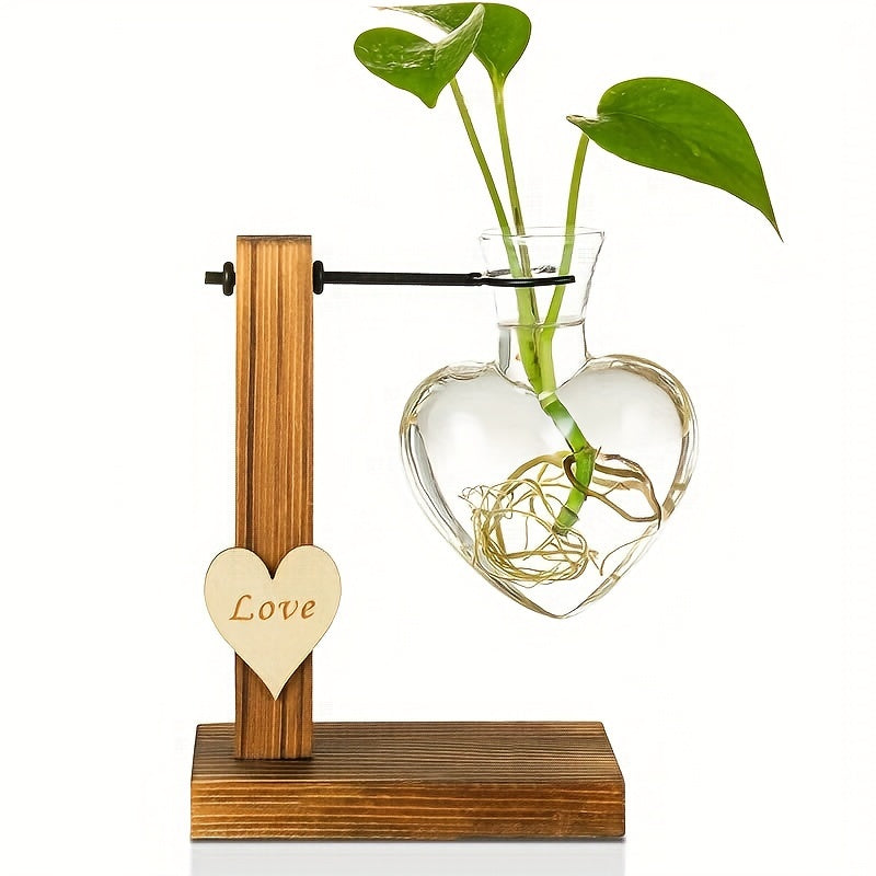 Vase en Verre Cœur avec Cadre Bois – Station de Plantes Hydroponique Moderne