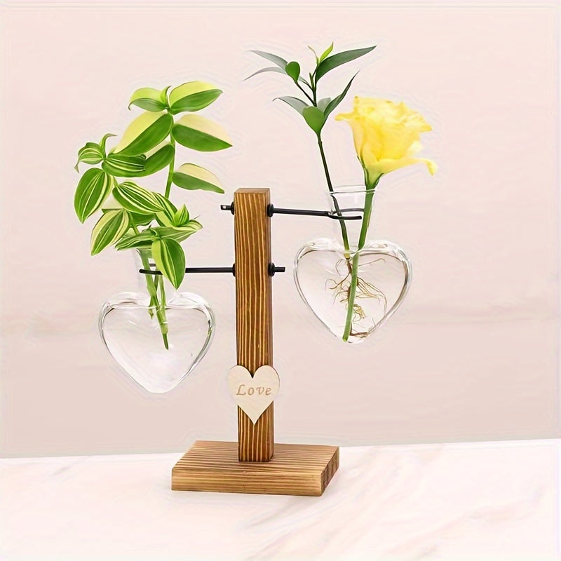 Vase en Verre Cœur avec Cadre Bois – Station de Plantes Hydroponique Moderne