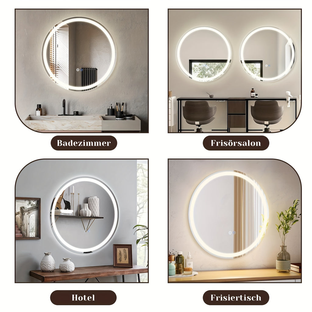 Miroir LED Moderne – Rond 50-80 cm avec Interrupteur Tactile, Anti-Buée