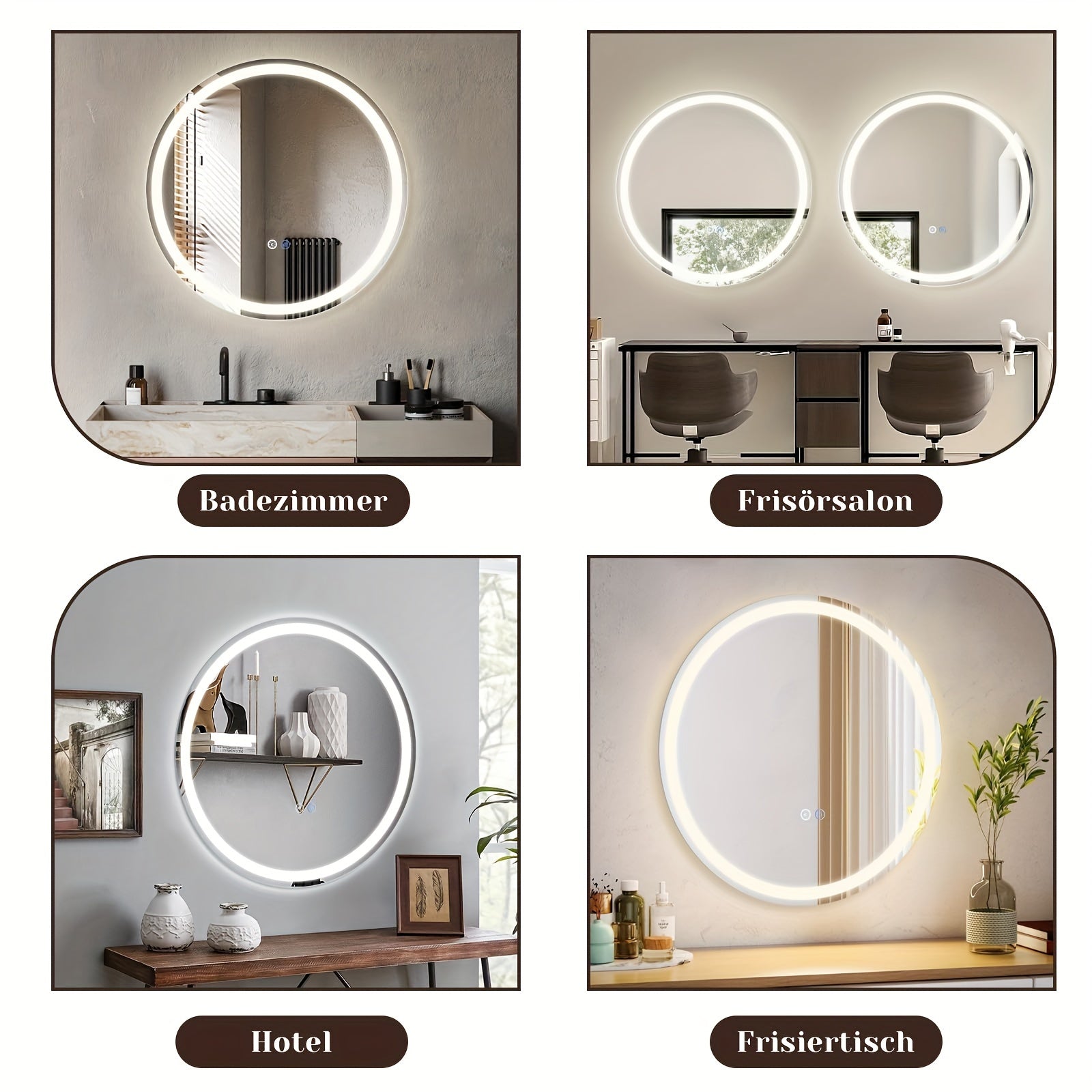 Miroir LED Moderne – Rond 50-80 cm avec Interrupteur Tactile, Anti-Buée