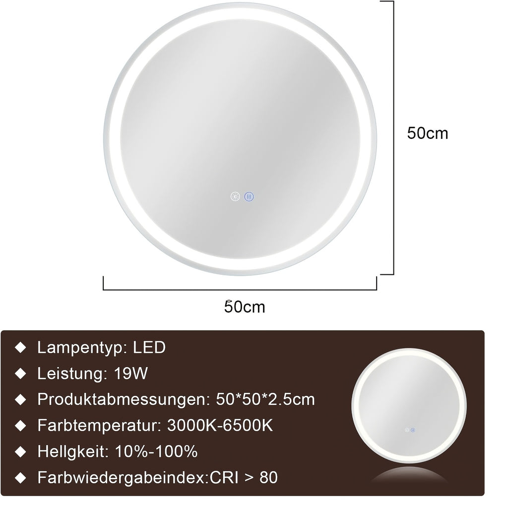 Miroir LED Moderne – Rond 50-80 cm avec Interrupteur Tactile, Anti-Buée