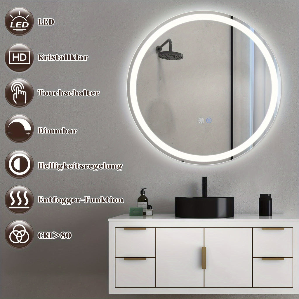 Miroir LED Moderne – Rond 50-80 cm avec Interrupteur Tactile, Anti-Buée