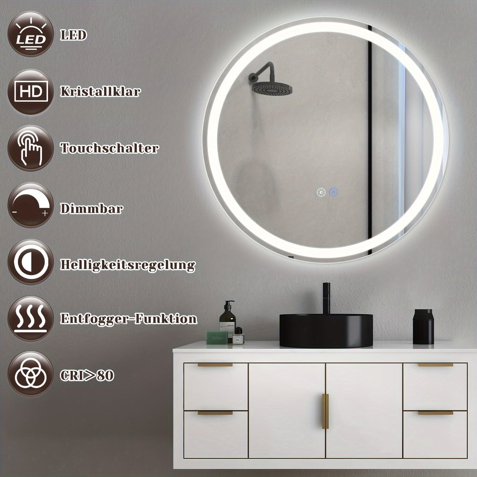 Miroir LED Moderne – Rond 50-80 cm avec Interrupteur Tactile, Anti-Buée
